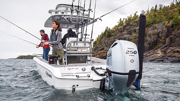 Back view of a boat showing a Drive by Wire outboard