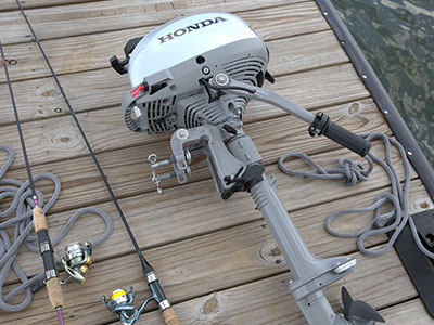 A Honda Marine outboard motor up close 